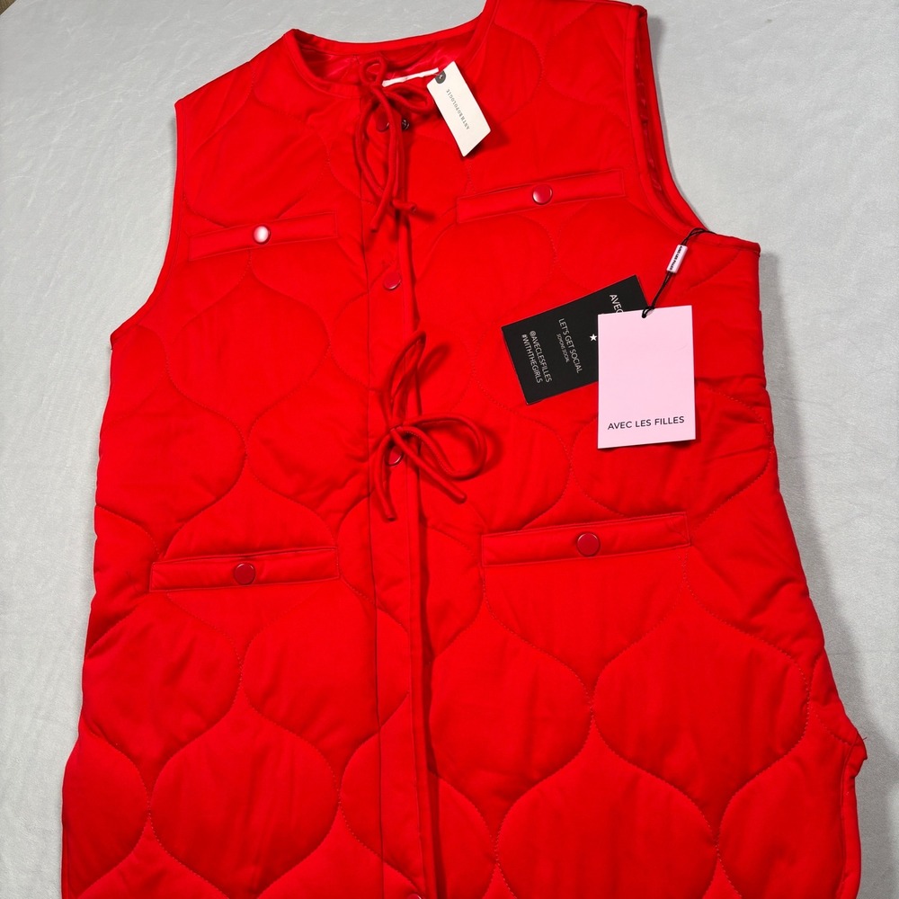 Avec Les Filles Quilted Vest Womens XS/S Red Bow Tie Front Snap Pocket New‎